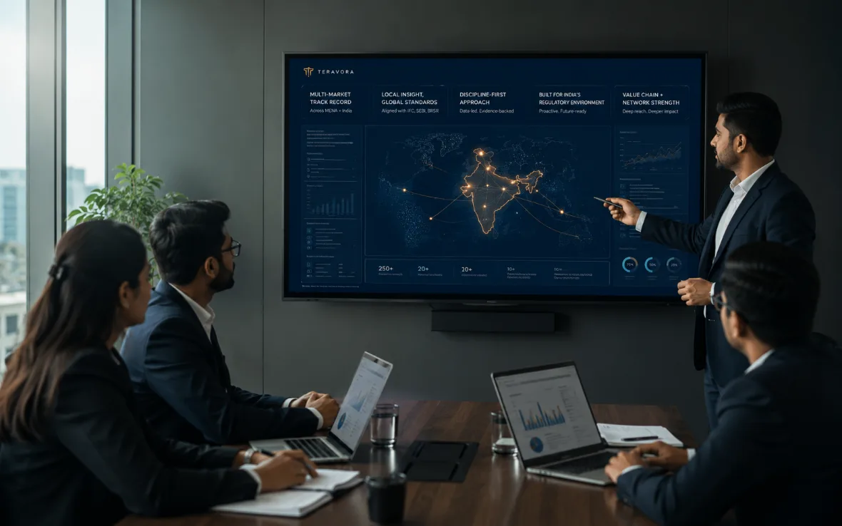A Teravora specialist walks a client team through the practice's multi-market track record across MENA and India — the methods and standards discipline inherited from parent practice Teravue