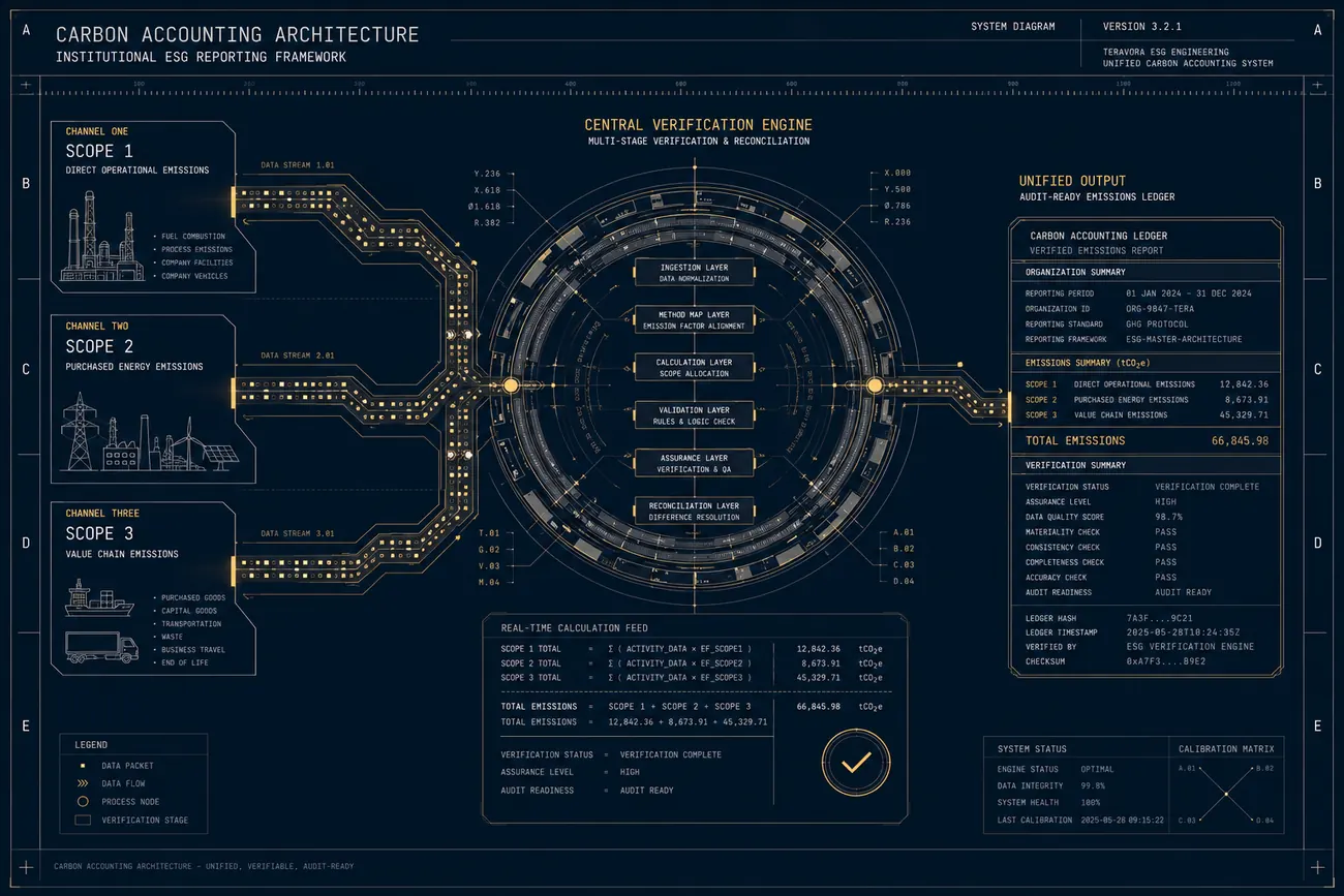 Carbon accounting architecture — Scope 1 direct, Scope 2 purchased energy and Scope 3 value-chain emissions reconciled into an audit-ready ledger
