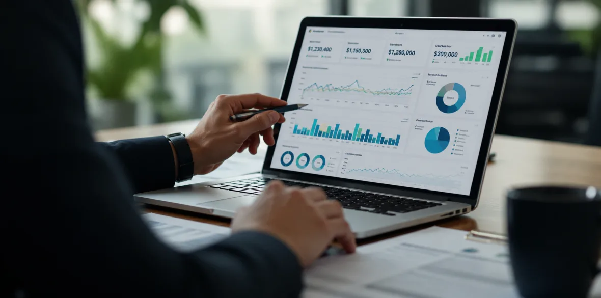 A specialist reviews an ESG disclosure dashboard on a laptop — charts, KPIs and figures checked line by line before filing