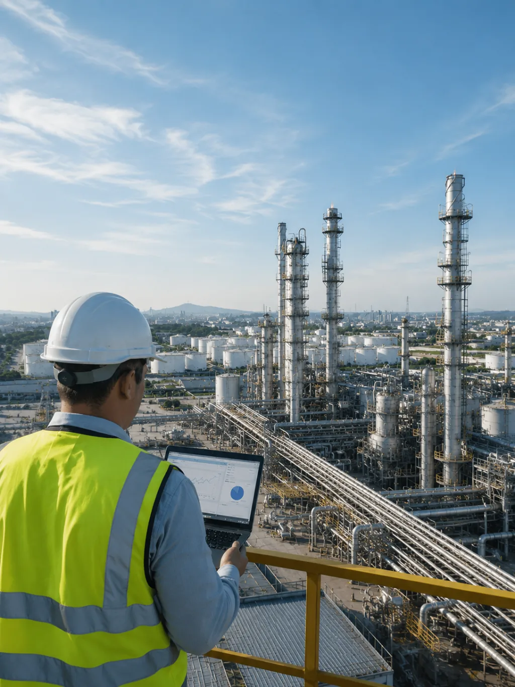 An engineer in a hard hat and hi-vis reviews live plant data on a laptop, overlooking a working refinery — ESG risk verified on the ground, not on paper